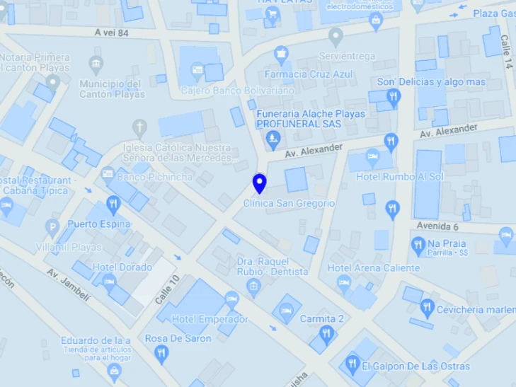 Mapa de la ubicación del Hospital San Gregorio en el centro de Playas